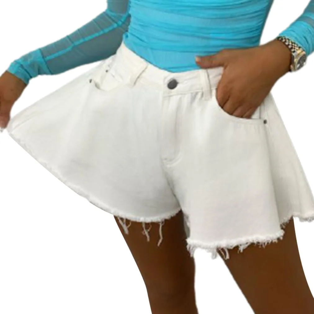 wsevypo Women Wide Leg Shorts Summer Fashion Solid Color Mid Waist Denim Flared Shorts Party Streetwear Loose Ripped Bottoms