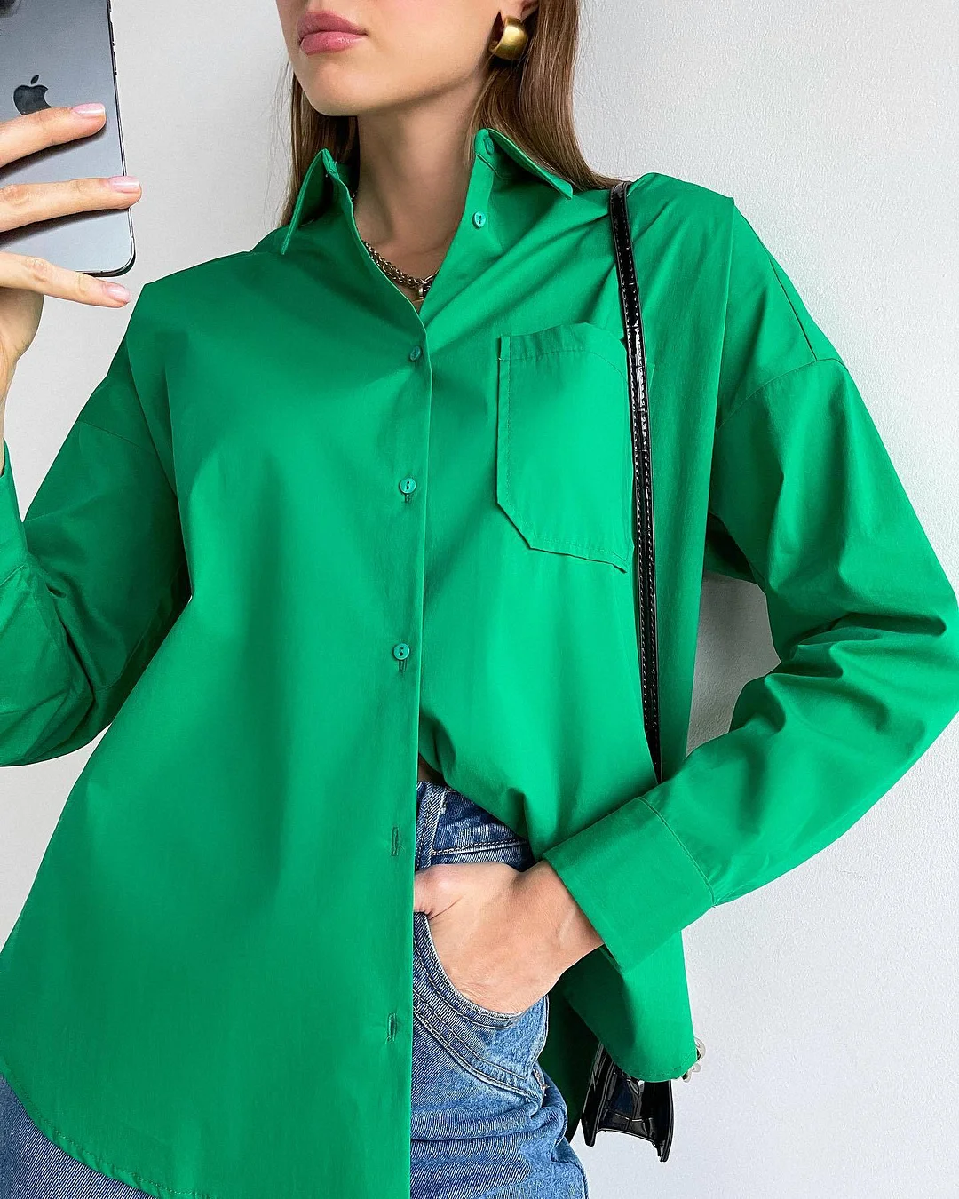 Back to school  Casual Klein Blue Shirt Spring Summer Long Sleeve Cotton Blouse Office Lady Elegant Solid Loose Tops Oversize Green Blusa Tunic