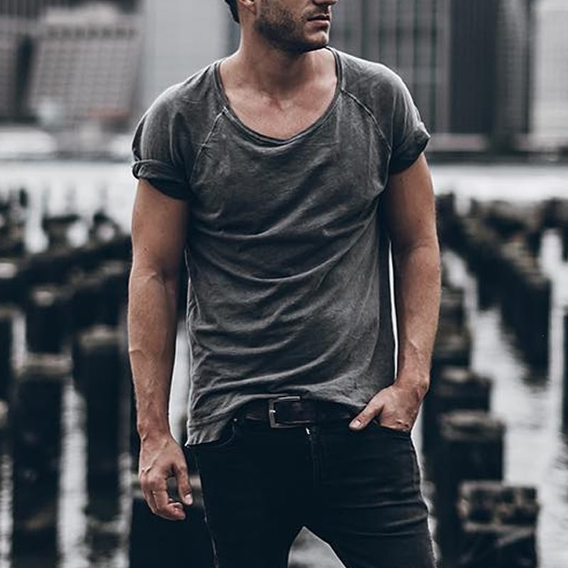 Mens Solid Color Basic Casual T-Shirt