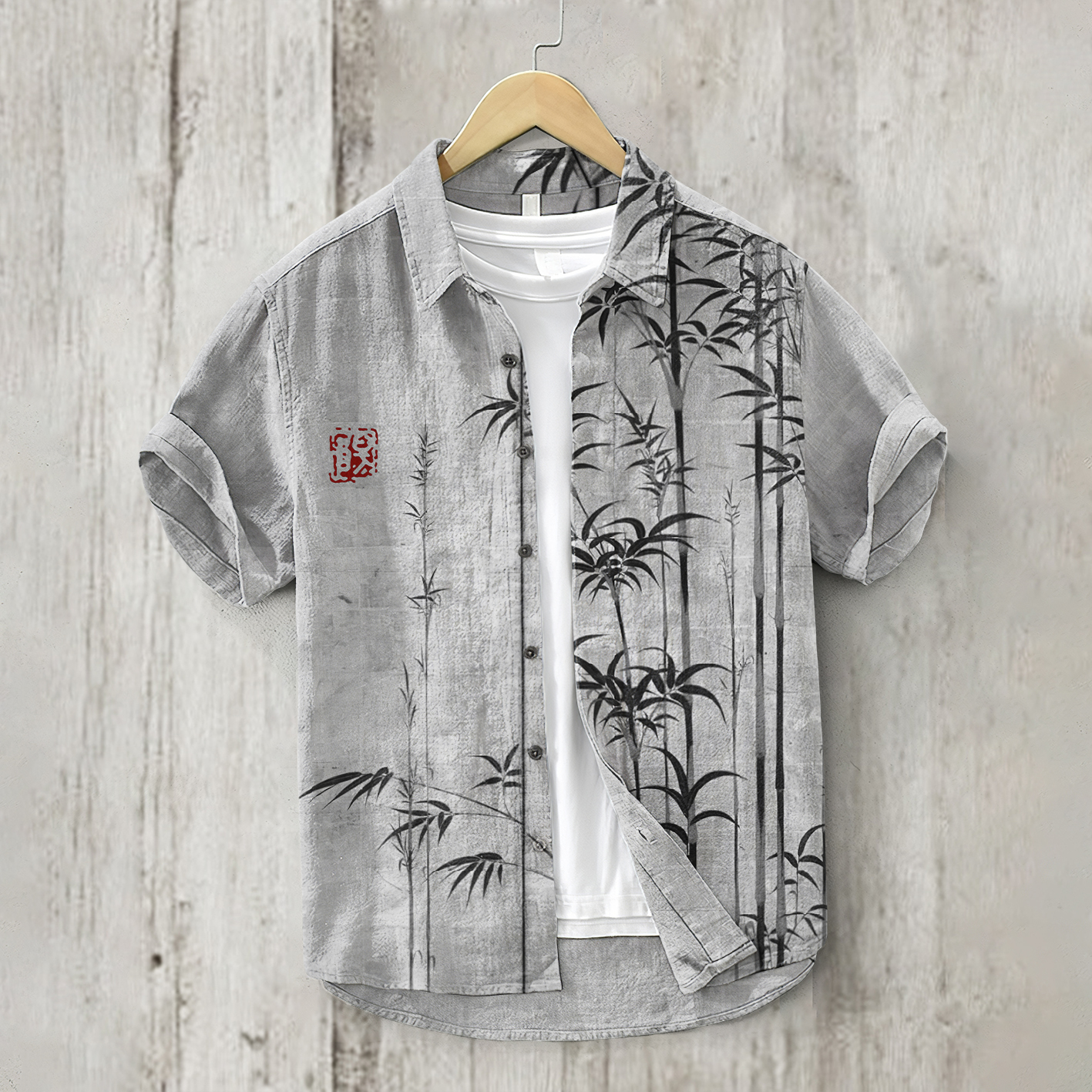 Comstylish Vintage Bamboo Japanese Art  Short Sleeve Linen Blend Shirt