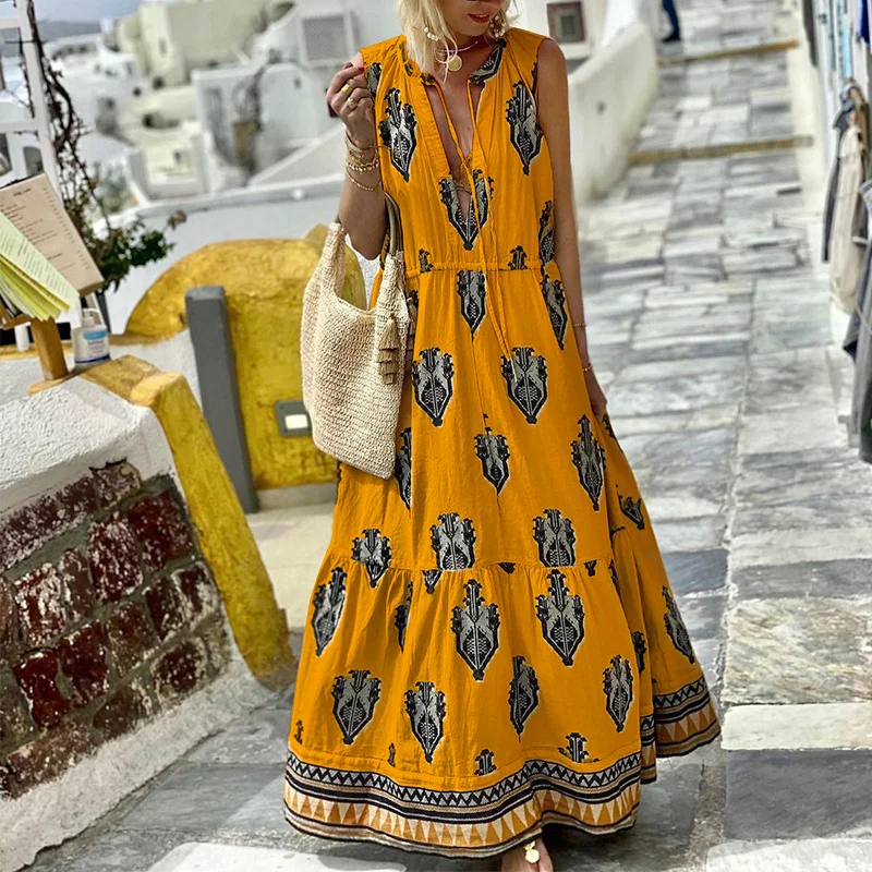 Woherb Woherb Spot Women's Wear 2024 Summer New Temperament Sleeveless Medium-Long Bohemian Print Dress-Outfit Ideas