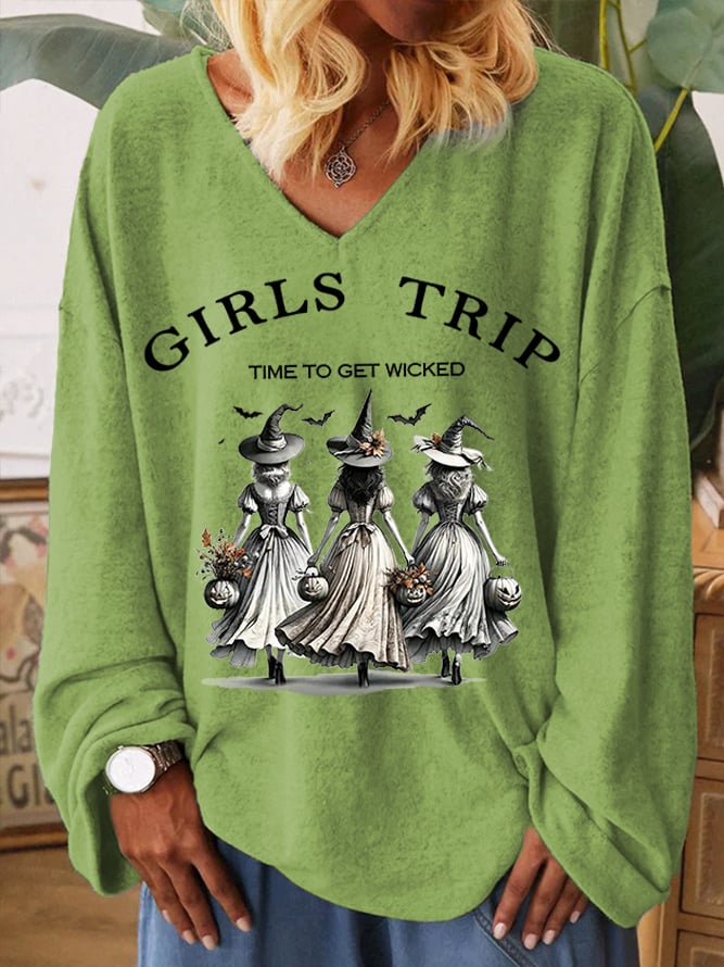 Women's Funny Halloween Witches Girls Trip Time To Get Wicked Casual V-Neck Top