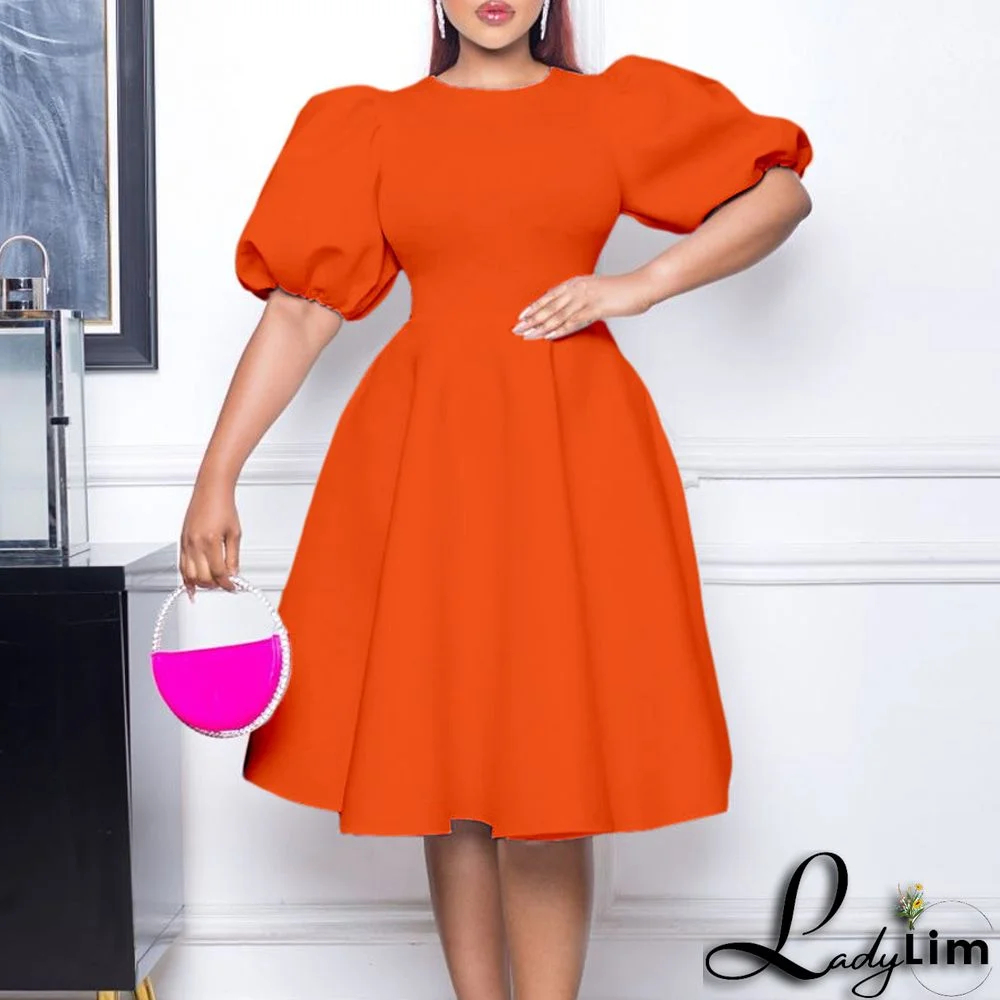 Retro Round Neck Chic Puff Sleeve Slim Waist A-Line Swing Party Dress