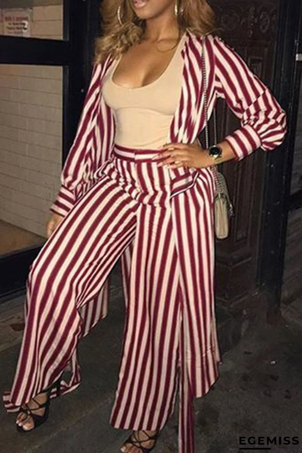 Stripe Casual Striped Print Patchwork With Belt Turndown Collar Long Sleeve Two Pieces | EGEMISS