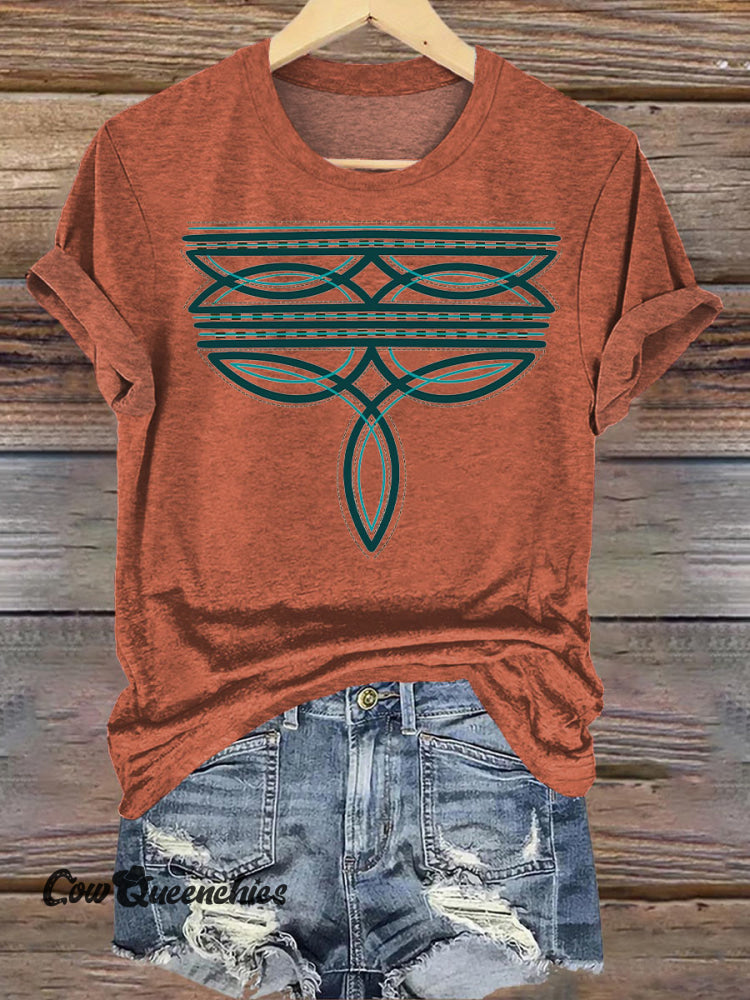 Orange Cowboy Boot Stitch Print Casual T-Shirt Orange / S
