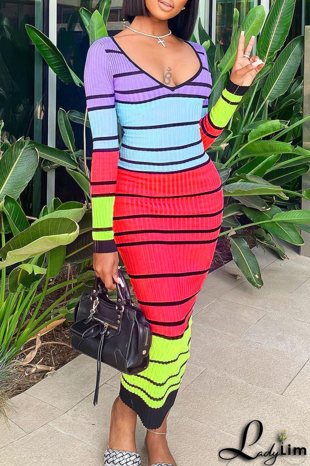 Pink Sexy Striped Print Patchwork V Neck Pencil Skirt Dresses