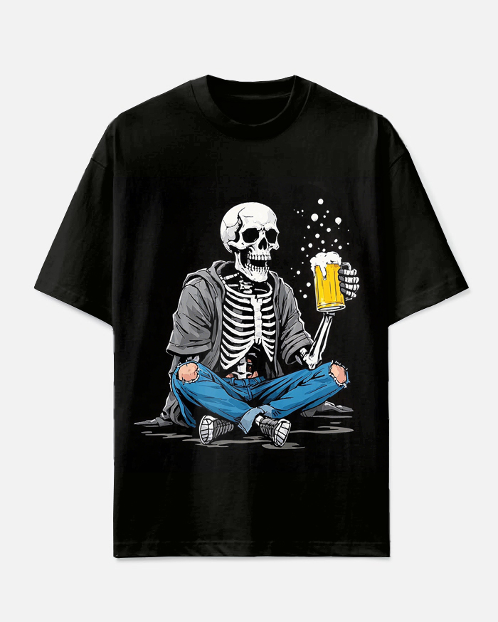 Big Men's Funny Cartoon Skull Drinking Beer Printed Casual Short Sleeve T-shirt
