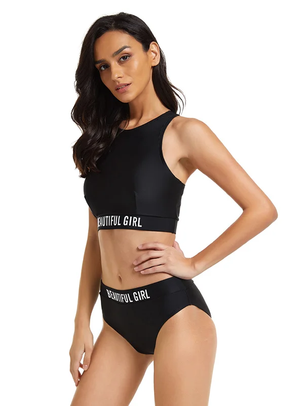 Letter-Printed Sports Style High-Waisted Bikini Swimwear