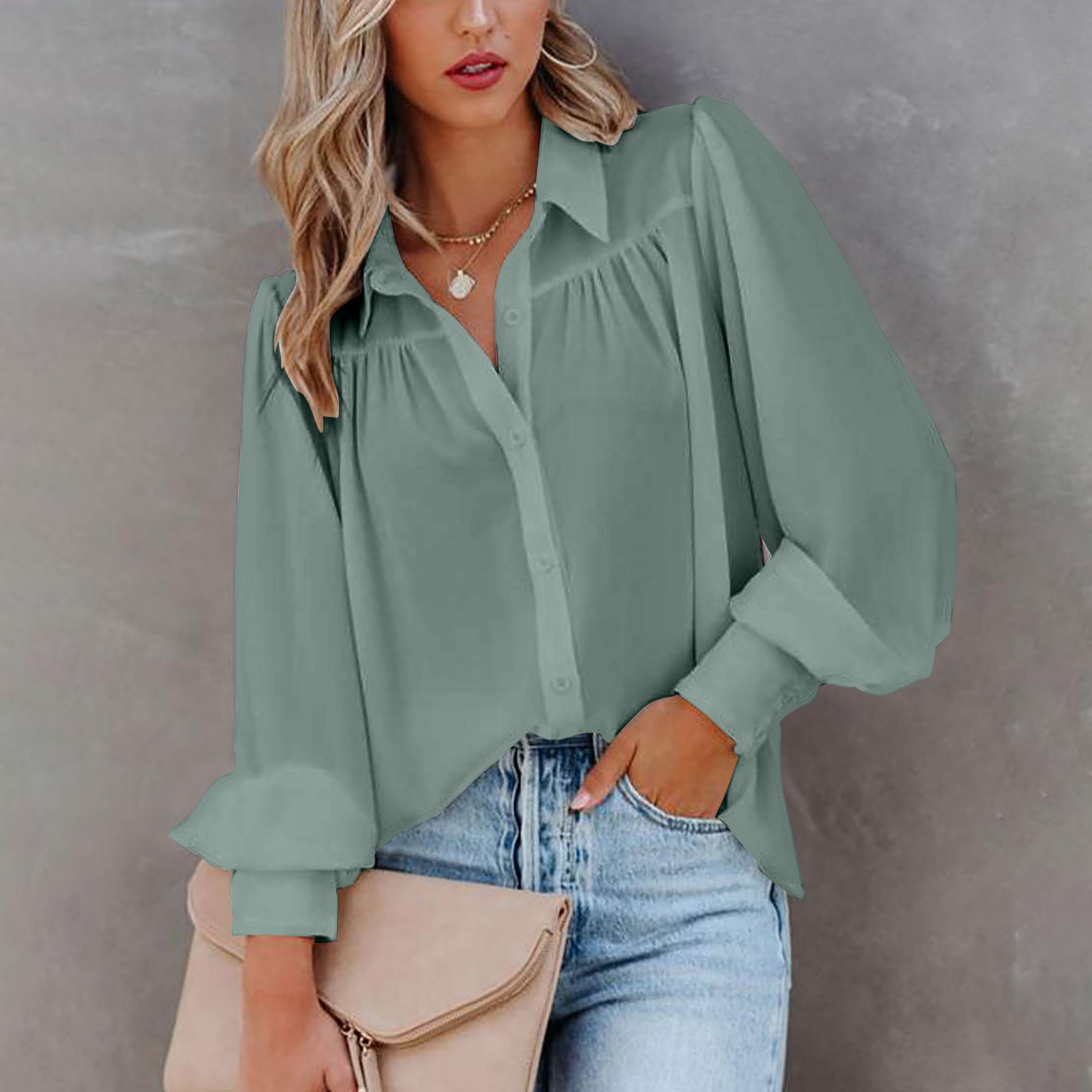 Women's Fashion Lantern Sleeve Pleated Solid Color Stand Collar Loose Blouse