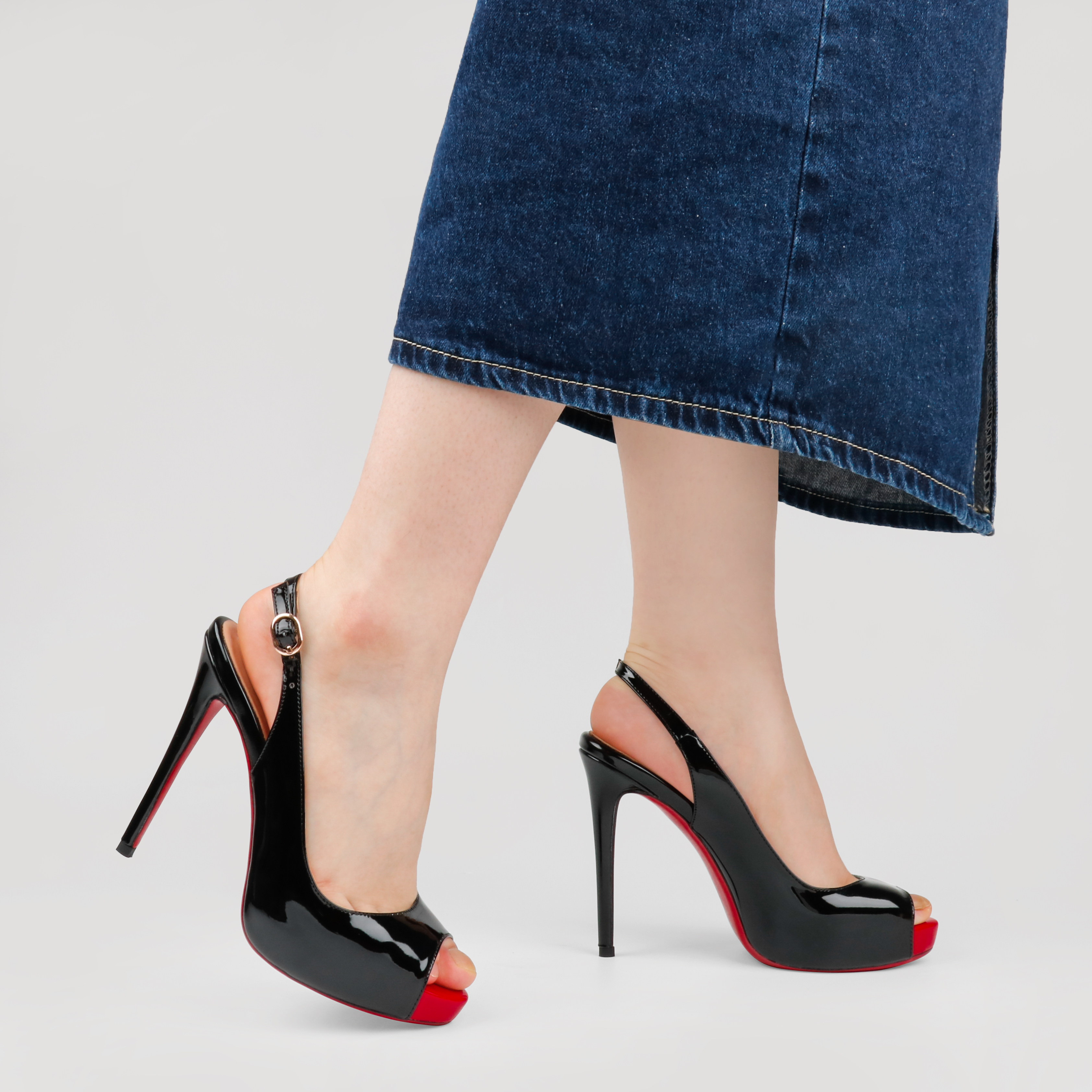 120mm Red Bottom Strap Slingback Sandals Peep Toe Platform Stilettos Patent Heels-MERUMOTE