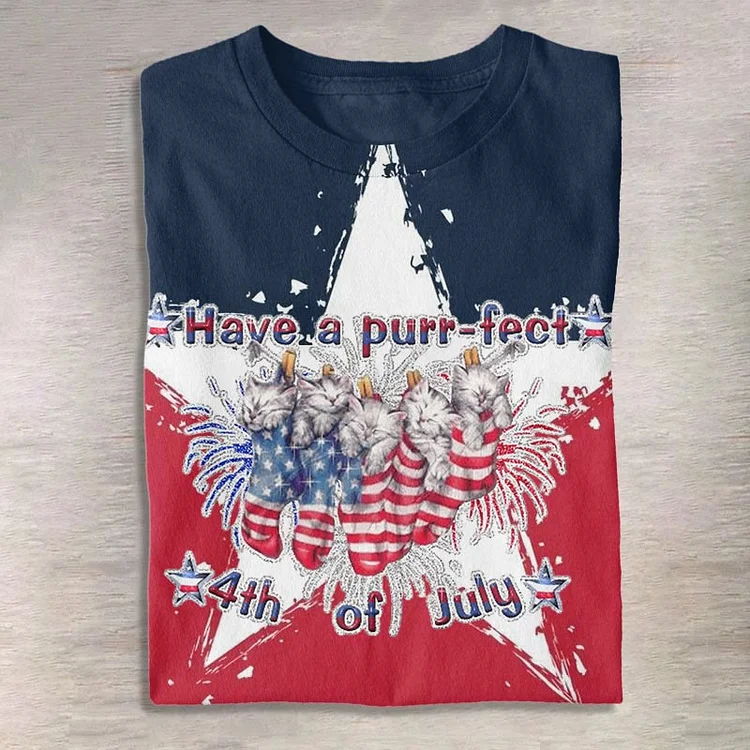 Women's Retro American Flag Color Cute Kitten Print Casual Short Sleeve T-shirt