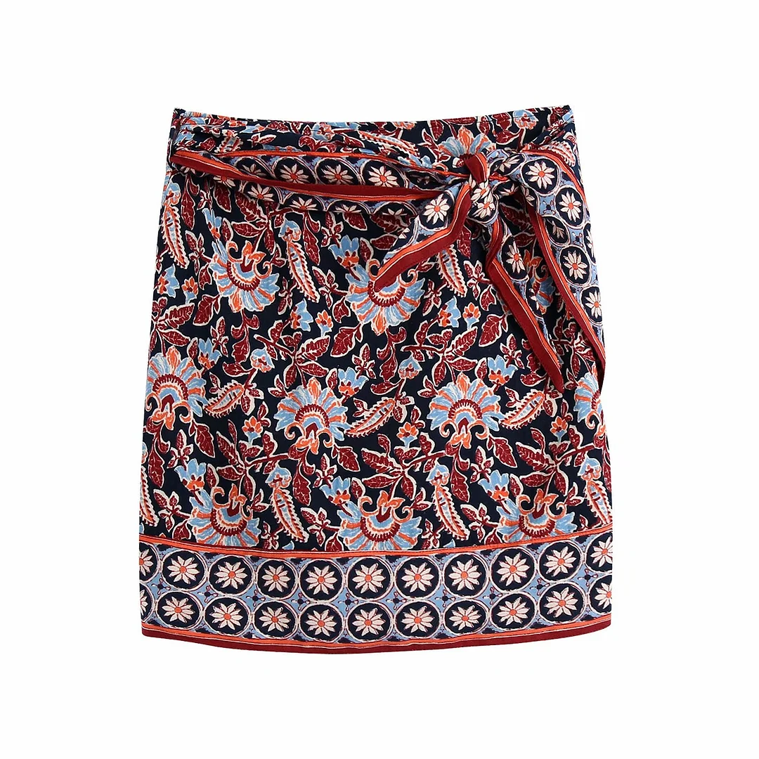 Zevity 2021 Women Vintage Position Totem Flower Print Sarong Skirt Faldas Mujer Female Side Bow Tied Wrap Slim Mini Skirt QUN799