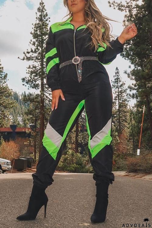 Color Block Zipper Long Sleeve Jumpsuit