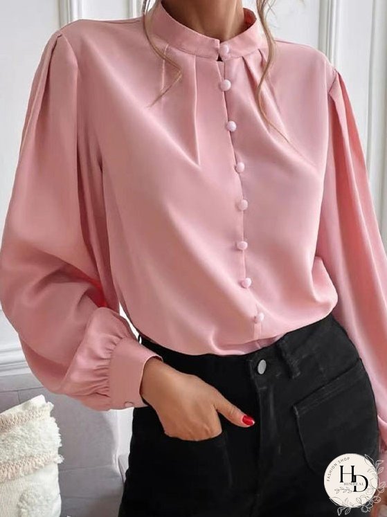 Blouses Solid Lapel Button Long Sleeve Blouse for Women