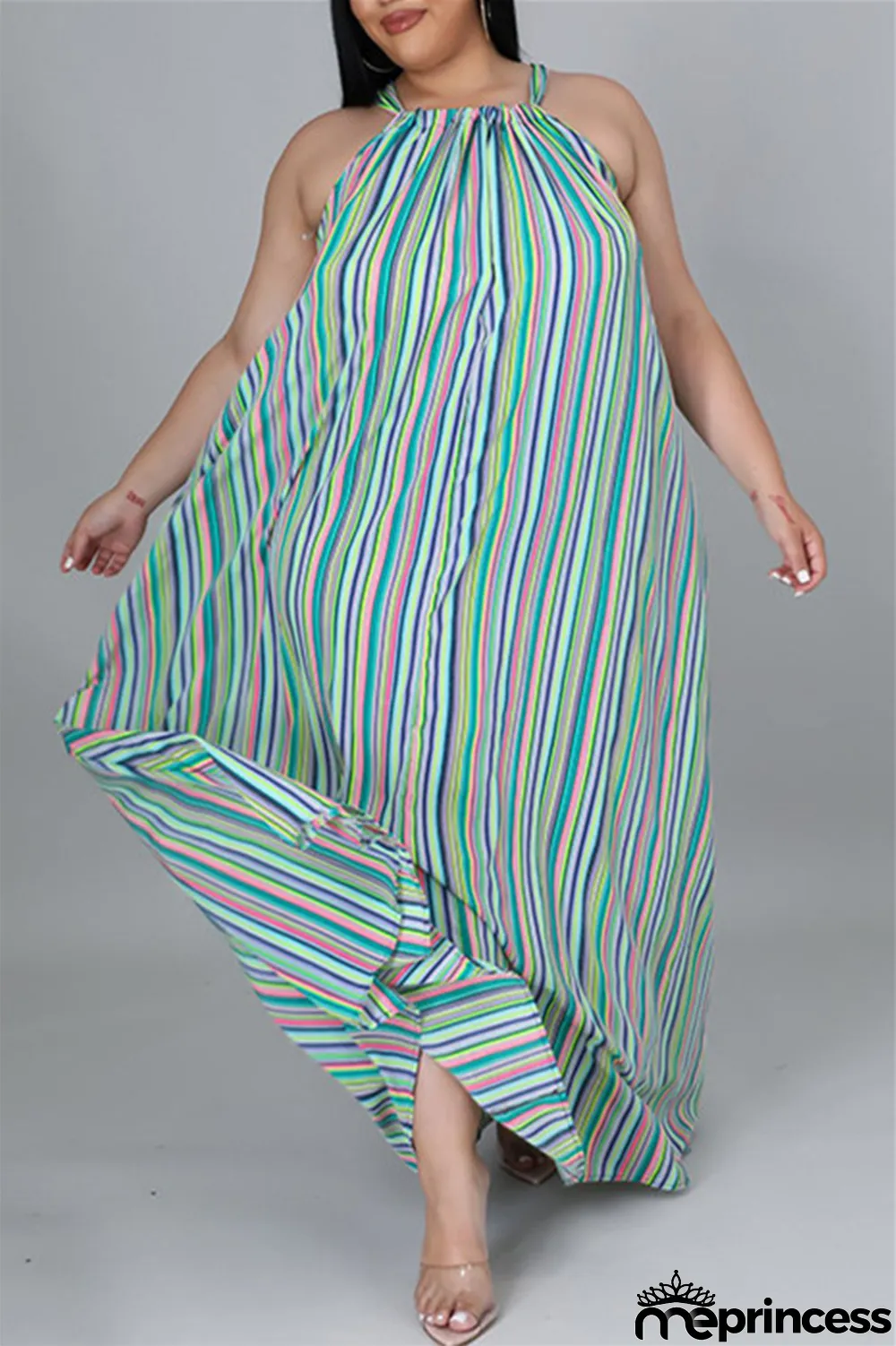 Light Blue Fashion Casual Plus Size Striped Print Backless O Neck Sleeveless Dress