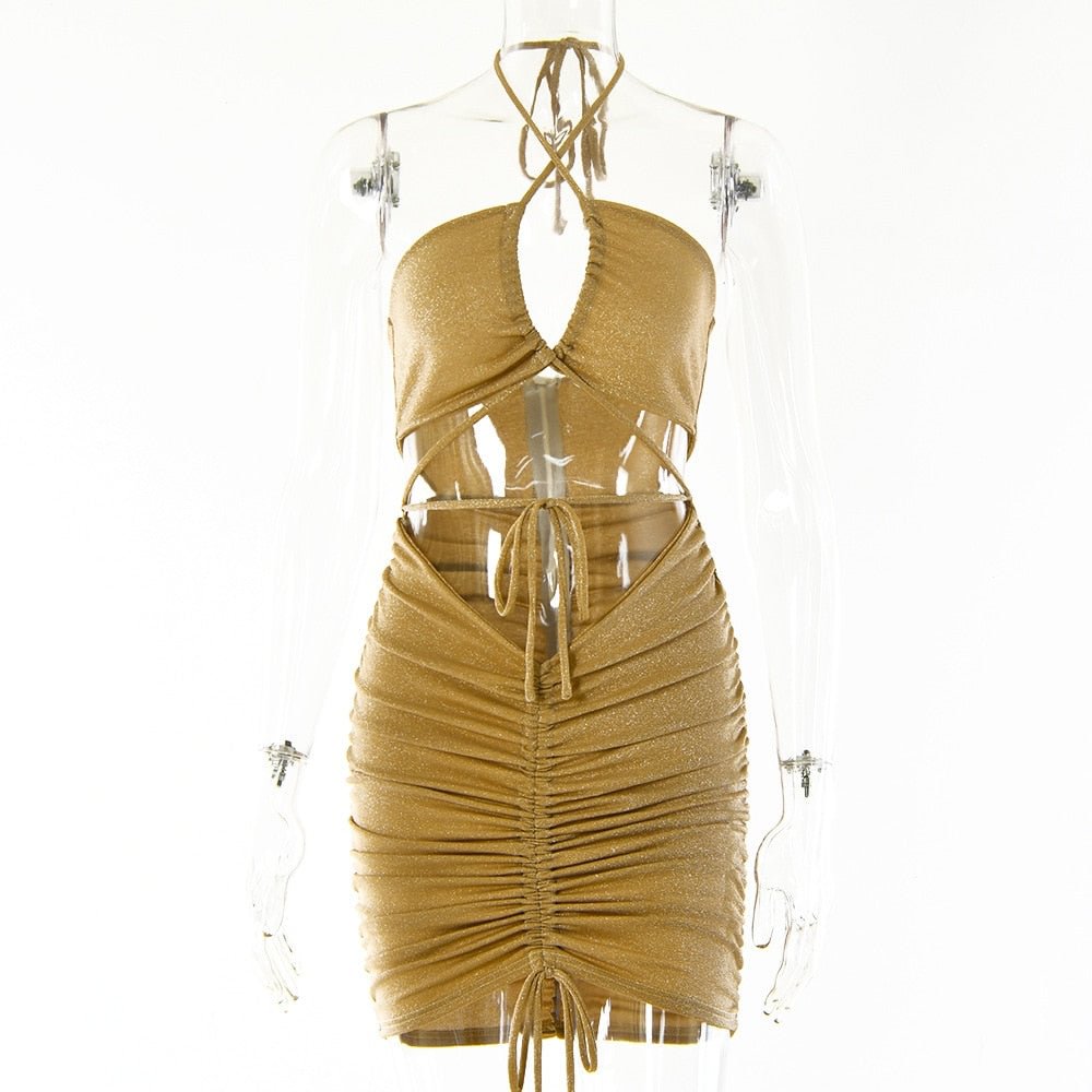 Glitter Drawstring Ruched Halter Mini Dress Chic Skinny Sexy Bandage Club Party Backless Summer Cut Out Straps Dresses Vestido