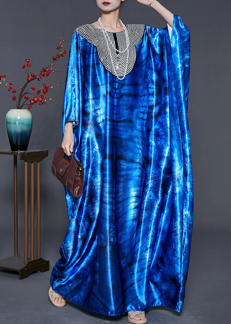 Women Blue Sequins Tie Dye Silk Holiday Dress Summer