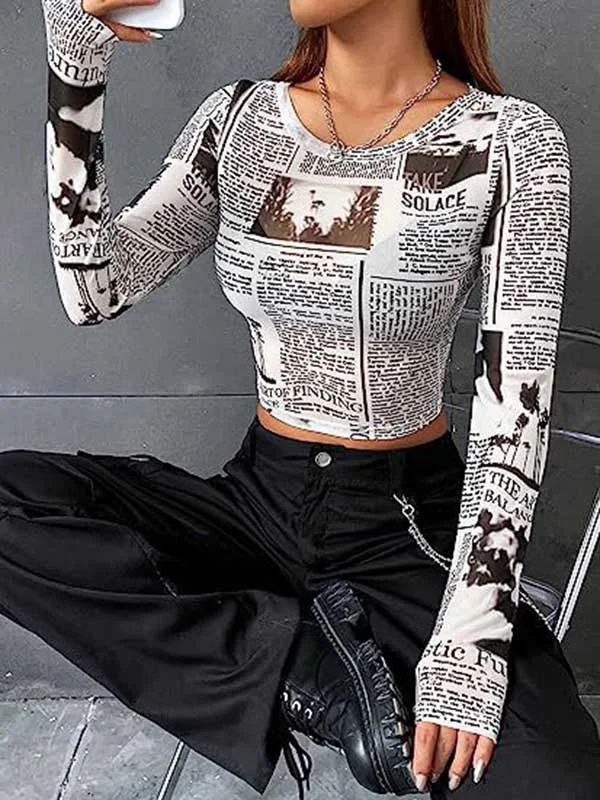 Long Sleeves Skinny Letter Print Round-Neck T-Shirts Tops