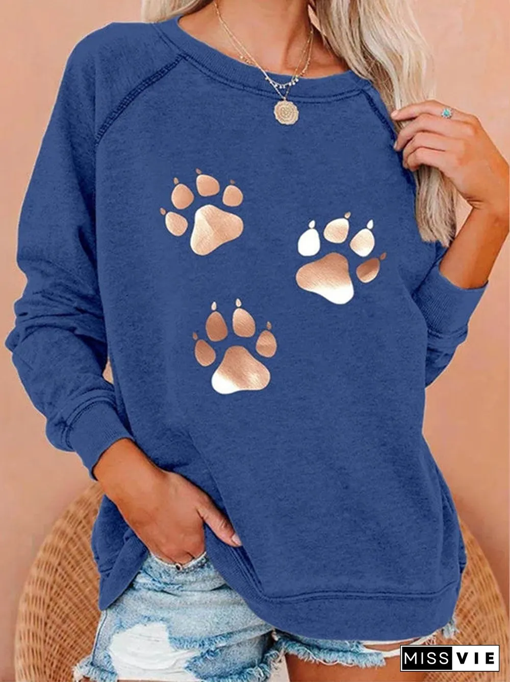 Women's Scoop Neck Long Sleeve Graphic Cat Paw Printed Tops