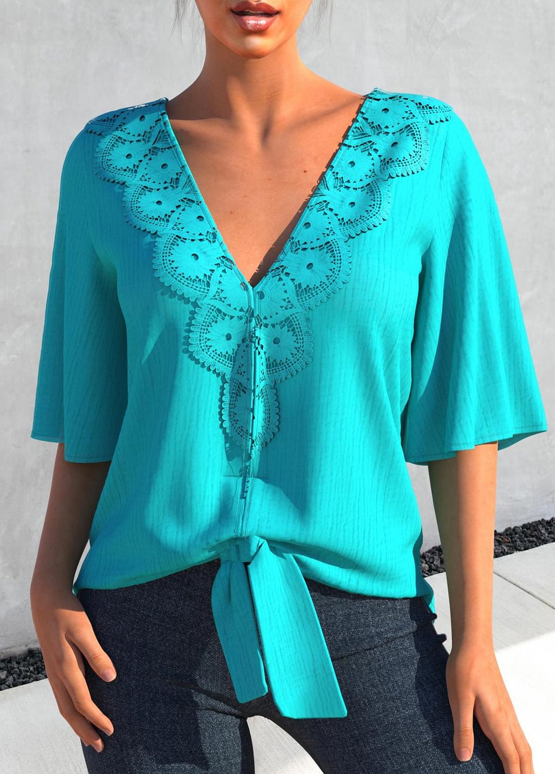 Turquoise Lace Patchwork Half Sleeve V Neck Blouse