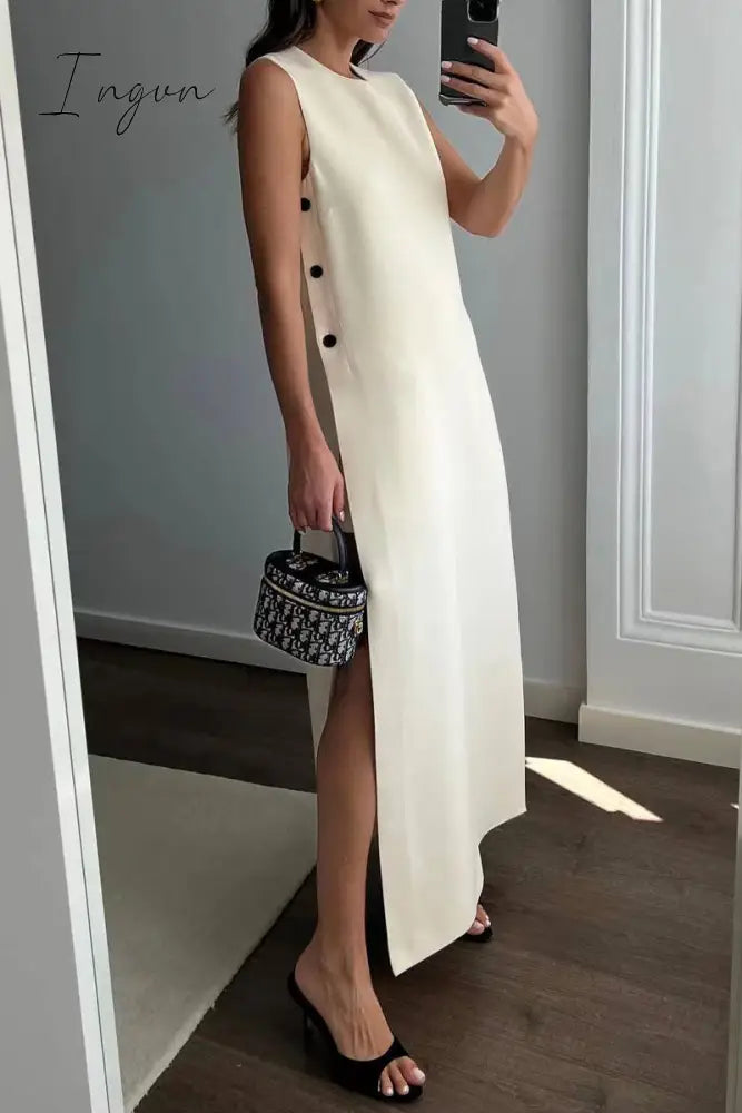 Casual Solid Buttons O Neck Sleeveless Dresses Cream White / S Dresses/Casual