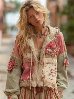 Women's Floral Embroidery Color Block Boho Casual Zip-up Hoodie