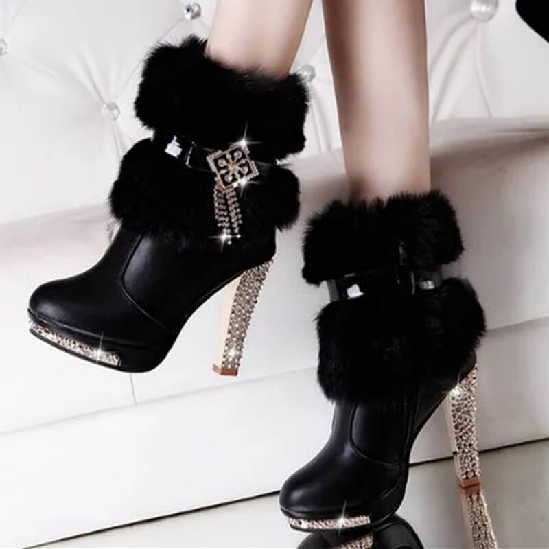 VCSHOES Platform Fur Rhinestone Fringe High Heel Boots