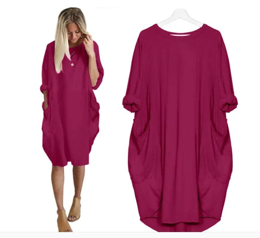 Autumn Solid Color Dress Women 2021 Fahsion Pocket O Neck Long Sleeve Loose Vintage Dresses Female Plus Size Casual Midi Dress