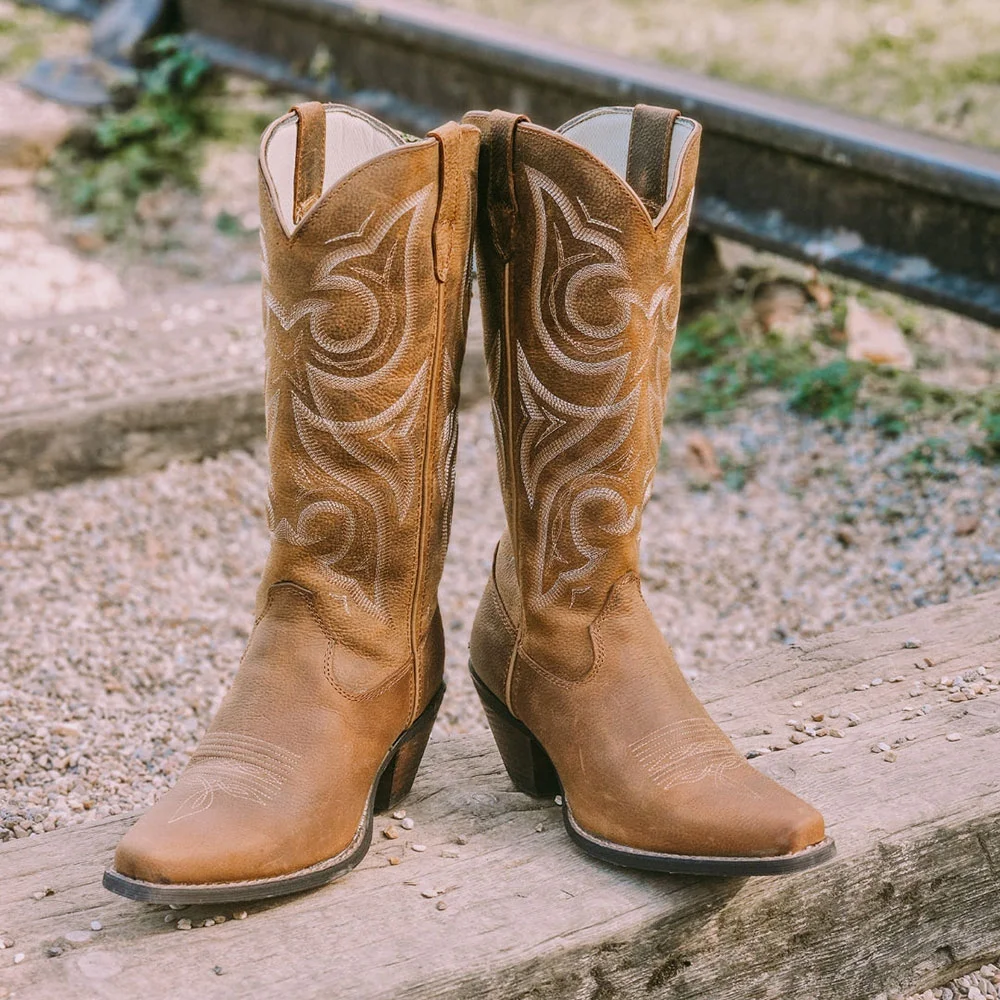 Brown Chunky Heel Embroidered Snip Toe Cowgirl Mid-Calf Boots