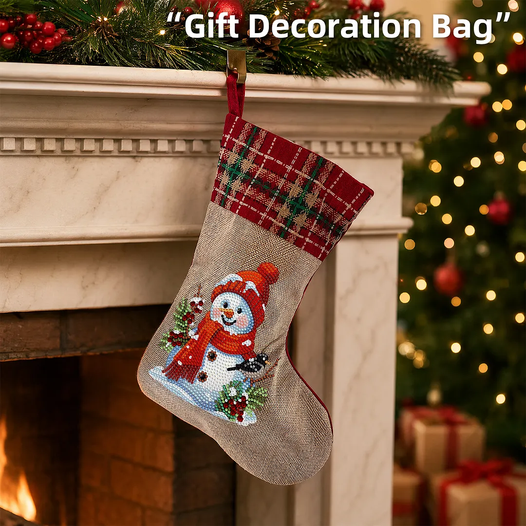 DIY Diamond Painting Christmas Stockings Hanging Ornaments Large Capacity Xmas Socks Pendant Wear Resist Candy Gift Storage Bags for Family Christmas Holiday Party Decoration (Snowman and Bird)