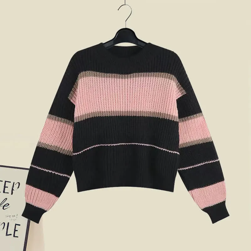 Colorblock Stripe Lace Up Sweater Fishtail A-line Slip Dress