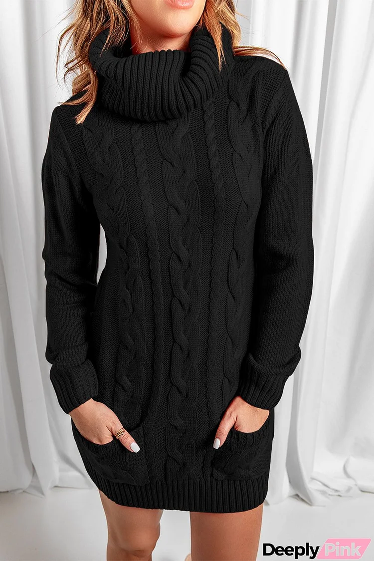 Black Cowl Neck Pockets Cable Knit Sweater Dress