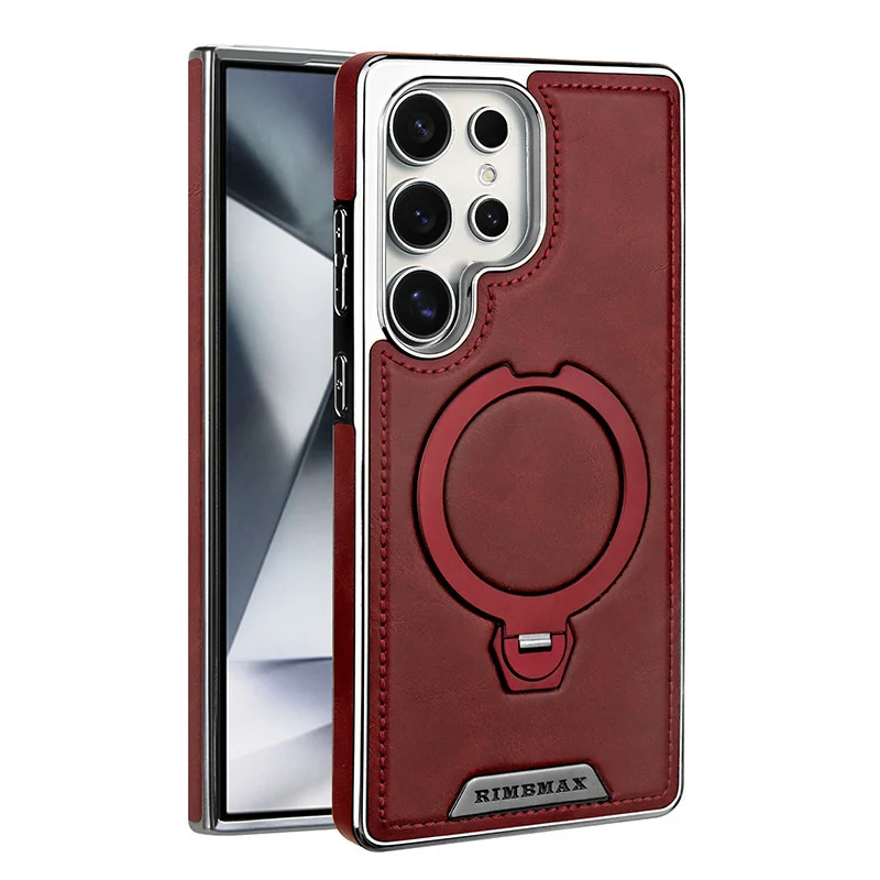 Samsung S25Ultra mobile phone case 360 ​​degree rotating magnetic bracket high-end leather grain