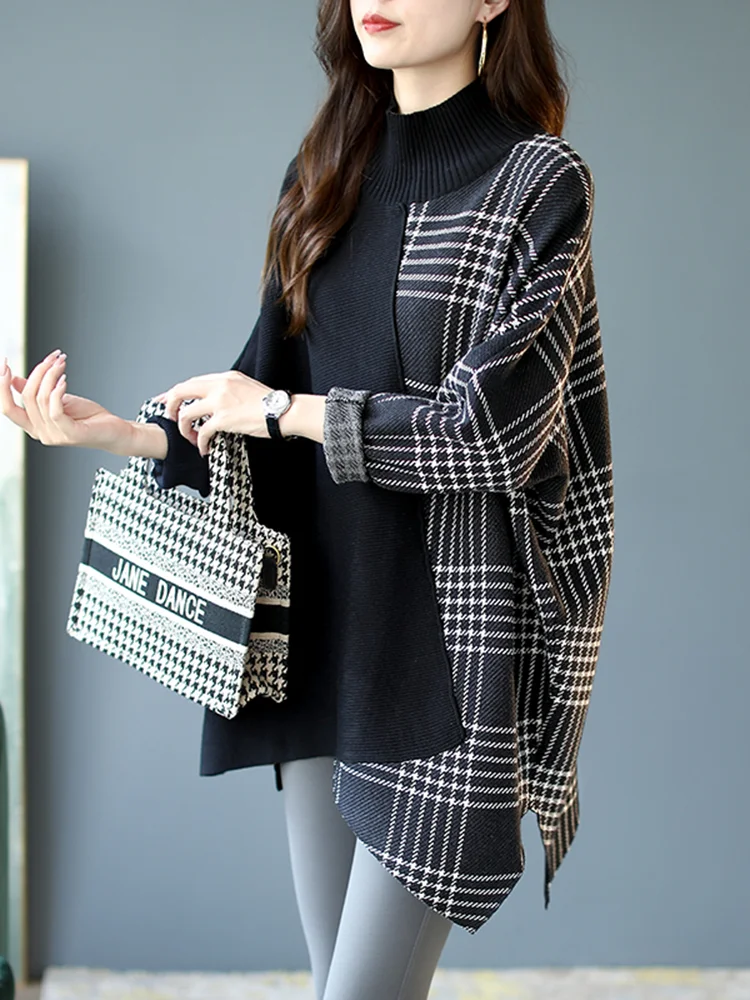 Half High Neck Batwing Sleeve Patchwork Mid-Length Knit Sweater