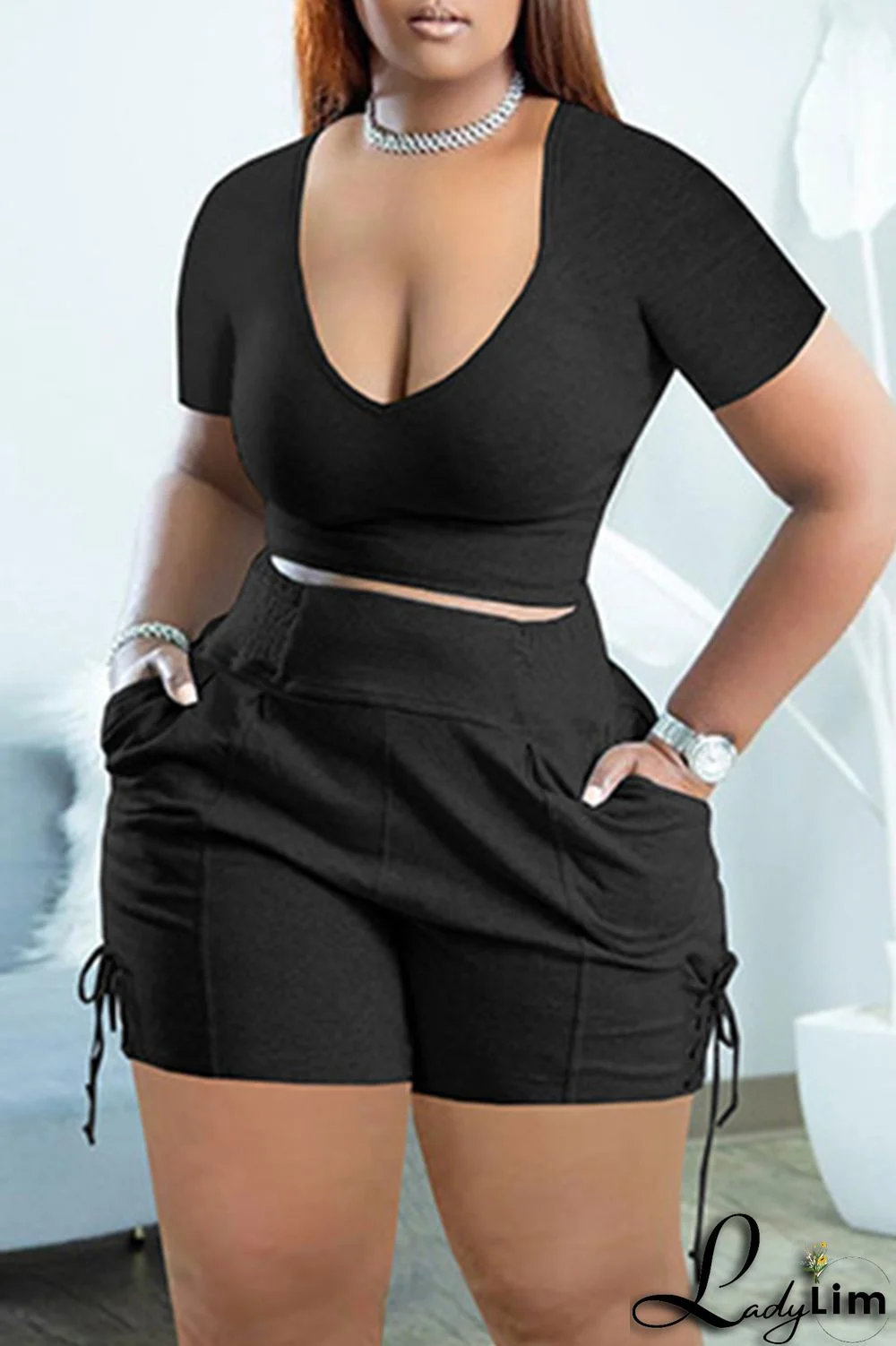 Black Fashion Casual Solid Bandage V Neck Short Sleeve Two Pieces