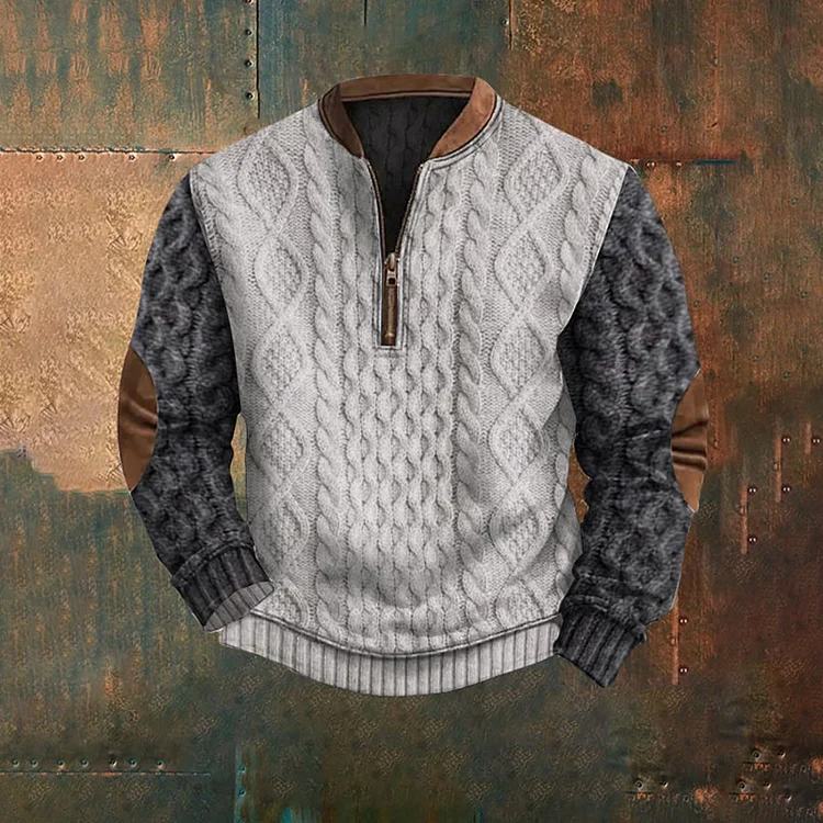 Utbros Men's Retro Western Textured Print Zip-Up Knit Casual Sweatshirt
