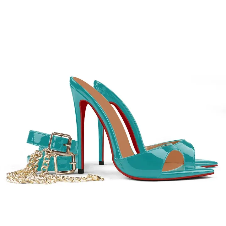 120mm Women's Sandals Removable Chain Ankle Strap Pointed Toe Mules Heels-vocosishoes