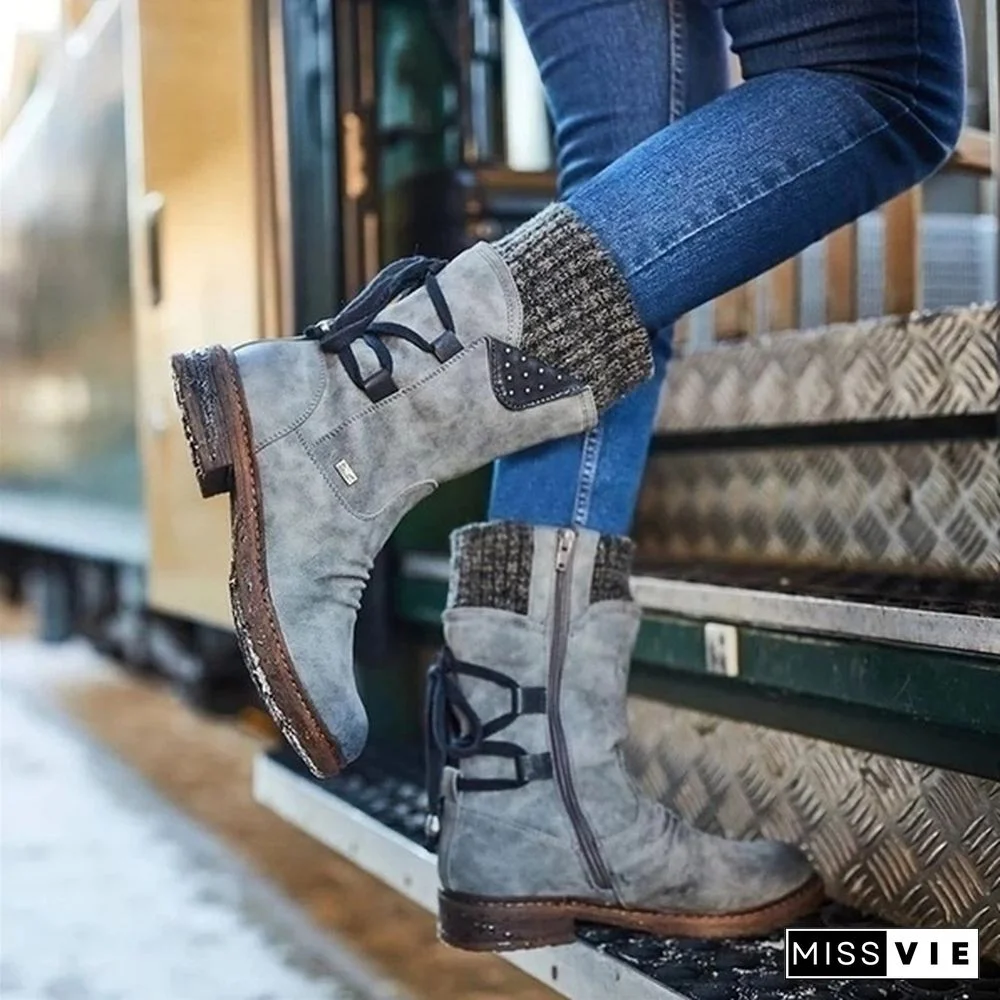 New Fashion Autumn and Winter Womens Boots In The Calf Boots Casual Flat Snow Boots Leather Sweater Bandage Boots Cowgirl Boots Zipper Low Heel Ladies Boots