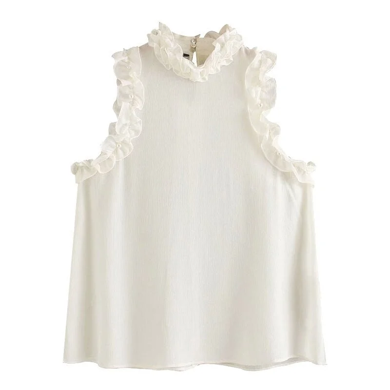TRAF Women Sexy Fashion Pearl Beading See Through Ruffle Blouses Vintage High Neck Sleeveless Female Shirts Chic Tops