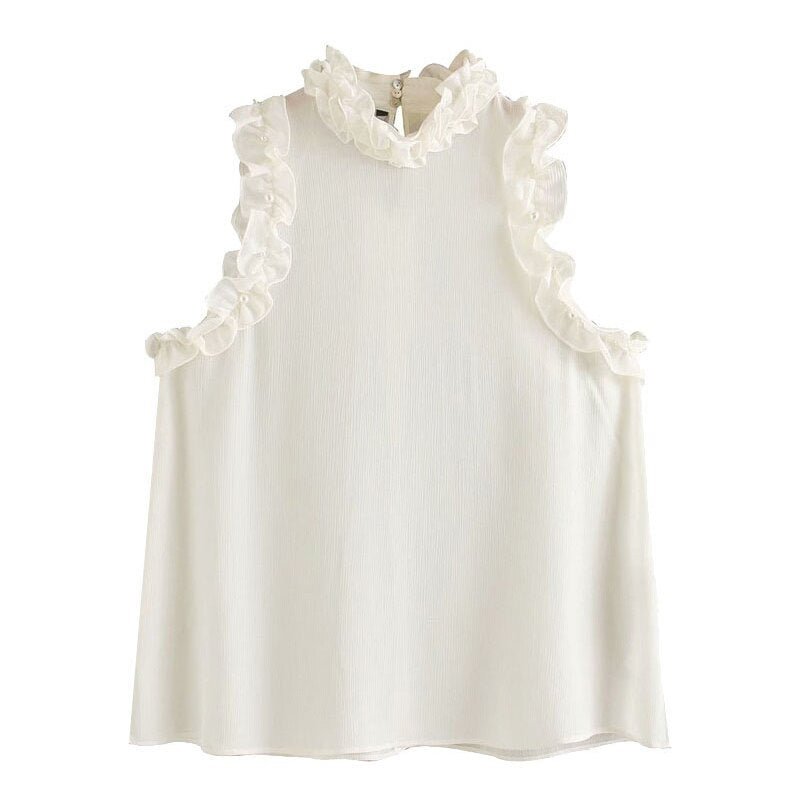 TRAF Women Sexy Fashion Pearl Beading See Through Ruffle Blouses Vintage High Neck Sleeveless Female Shirts Chic Tops