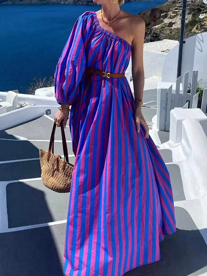 Women'S Casual Off-Shoulder Striped Long Dress 