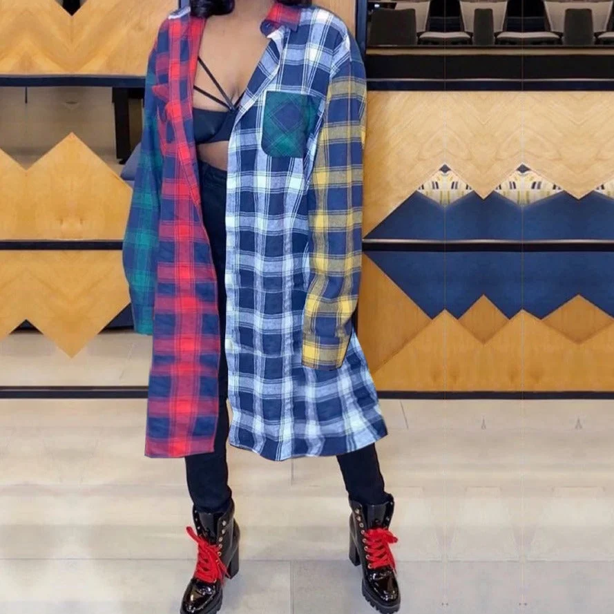 New Fashion Casual Women's Wear Color Lattice Splicing Long Suit Collar Coat