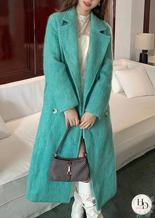 Loose Green Peter Pan Collar Tie Waist Woolen Coat Winter