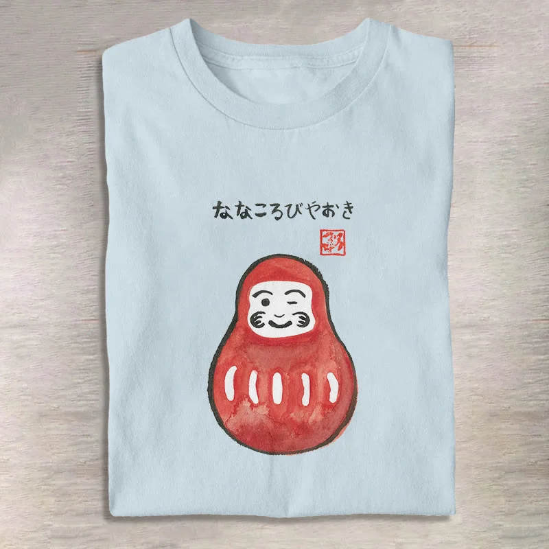 Japanese Winking Daruma Watercolor & Ink Painting Print T-Shirt