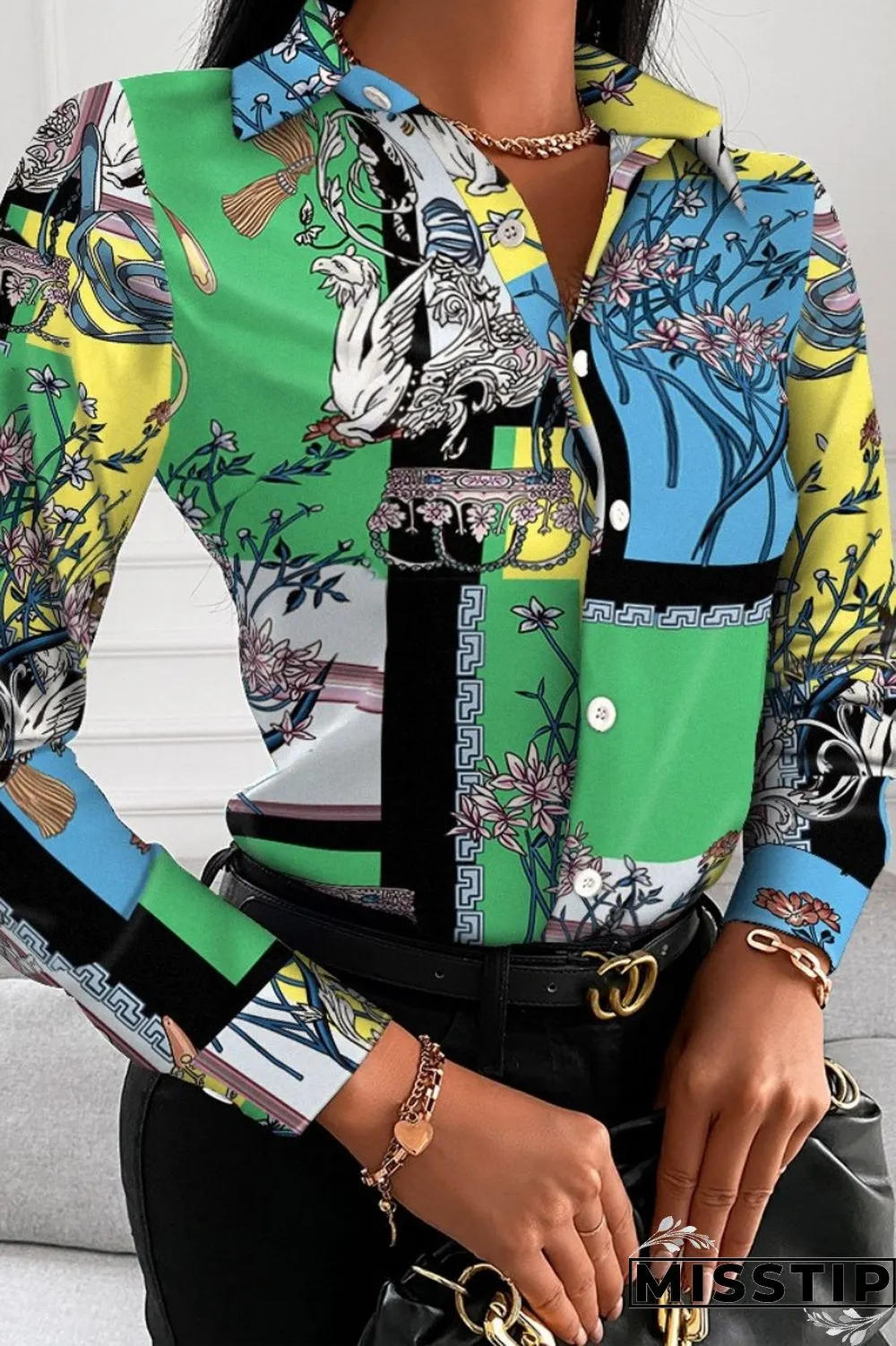 Black Red Casual Print Patchwork Shirt Collar Tops