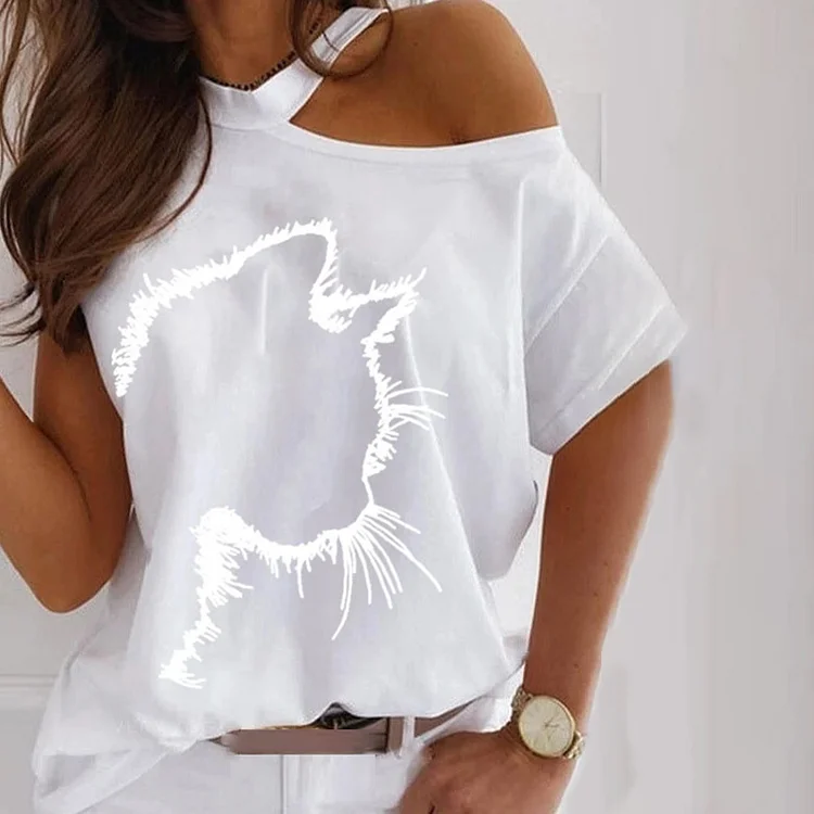 Casual Off Shoulder Asymmetric Cat Print T-Shirt