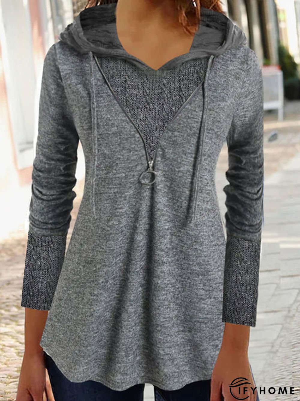 Plain Hooded Drawstring Cable Knit Mixed Media Tunic Sweatshirt | IFYHOME