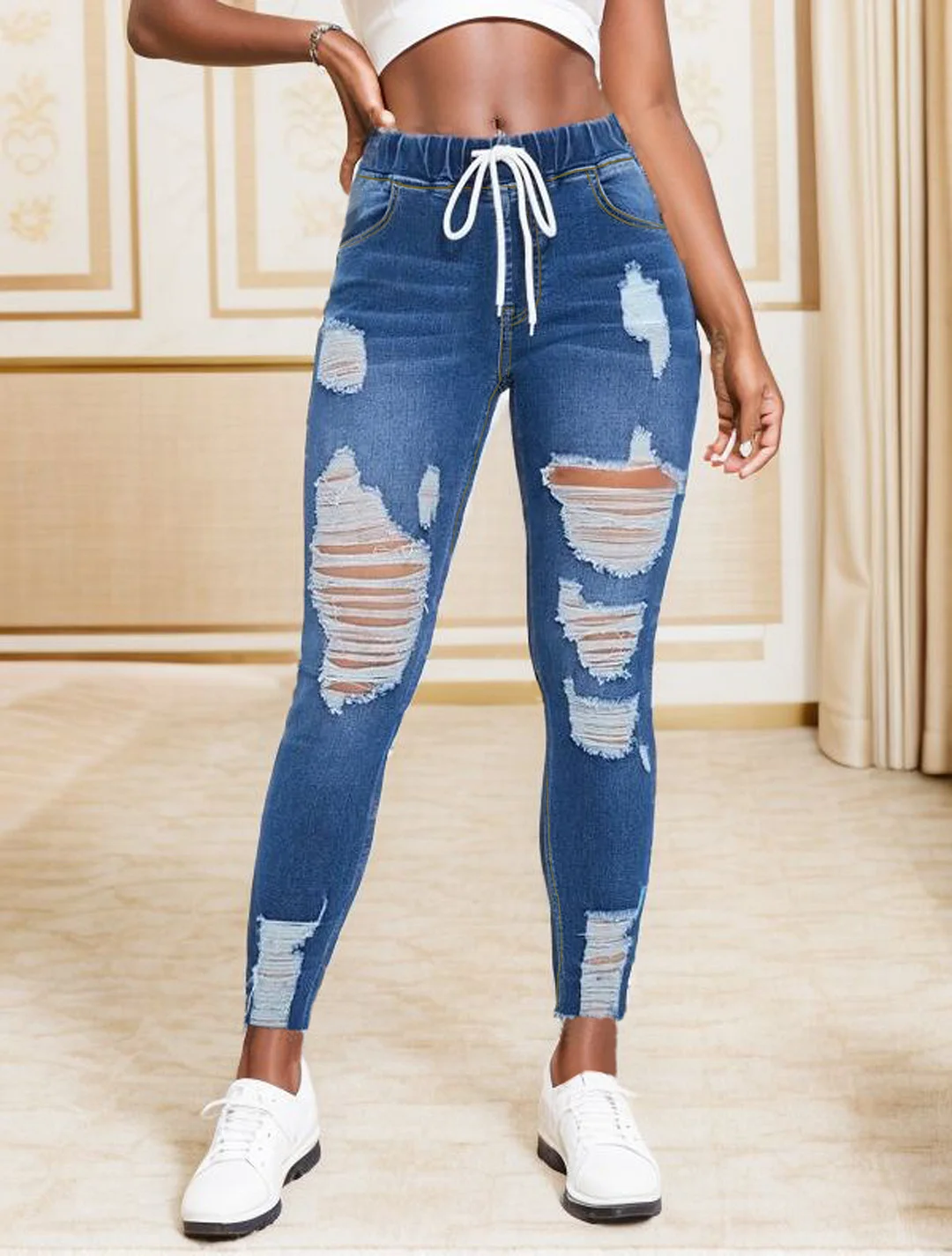 Women's Elastic Waist Ripped Denim Jeans