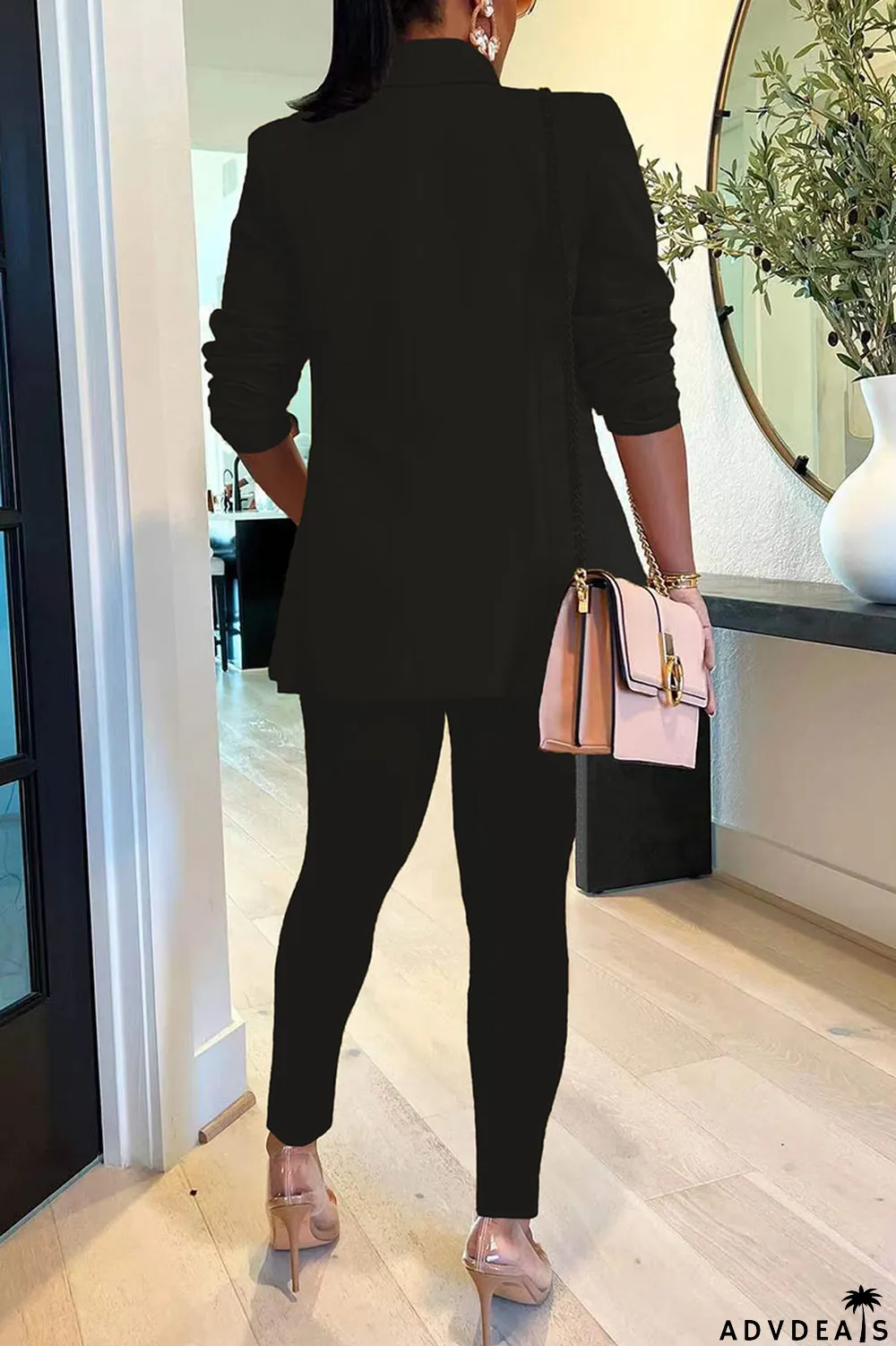 Black Casual Solid Patchwork Turn-back Collar Long Sleeve Two Pieces