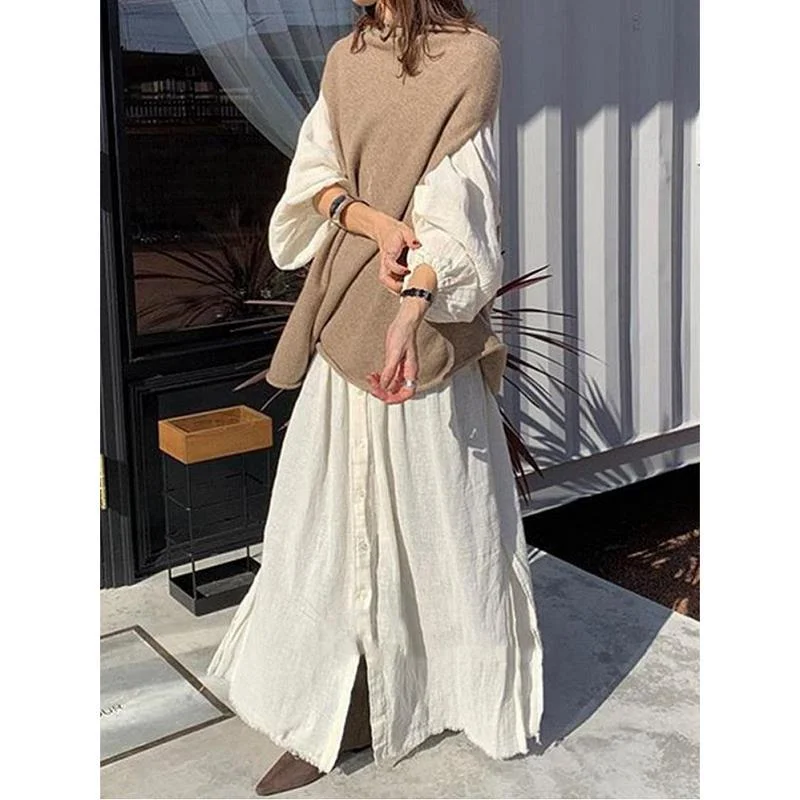 Japanese solid color long sleeve shirt Dress With loose knit sweater two piece suit
